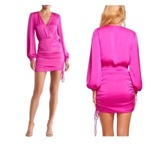 Ramy Brook Foxy Side Ruched Long Sleeve Mini Satin Dress Elpin Hot Pink 2